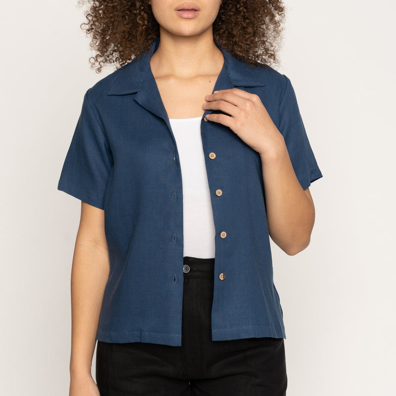Camp Collar Shirt - French Linen Fine Canvas - Blue | Naked & Famous Denim