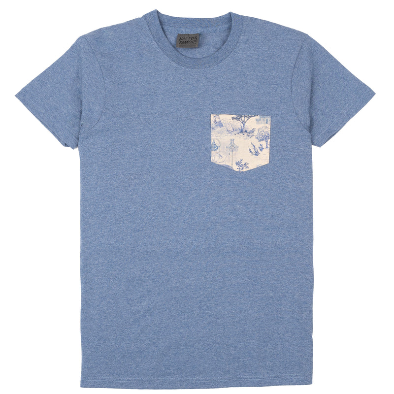 Pocket Tee - Navy - Linen Cats - Heather Blue