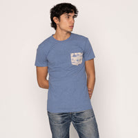 Pocket Tee - Navy - Linen Cats - Heather Blue
