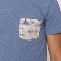 Pocket Tee - Navy - Linen Cats - Heather Blue