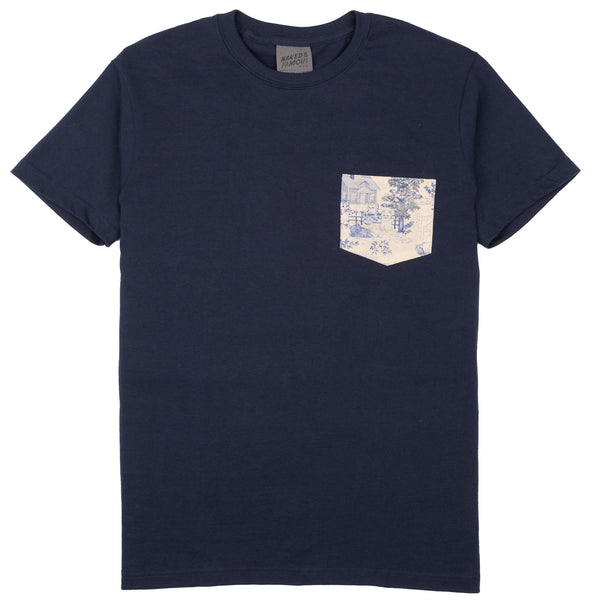 Pocket Tee - Navy - Linen Cats - Blue