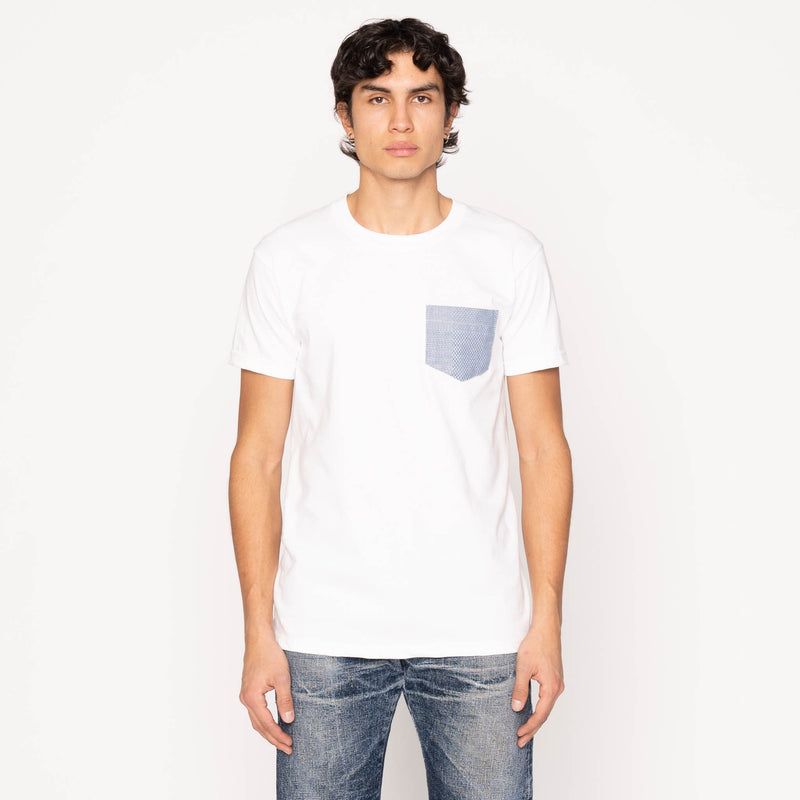 Pocket Tee - White - Dobby Patchwork - Pale Blue