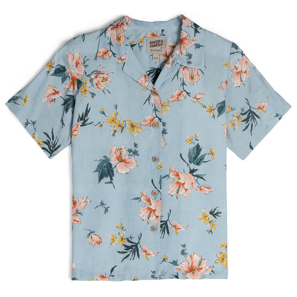 Camp Collar Shirt - Silky Flowers - Pale Blue | Naked & Famous Denimv