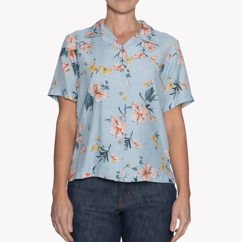Camp Collar Shirt - Silky Flowers - Pale Blue | Naked & Famous Denim