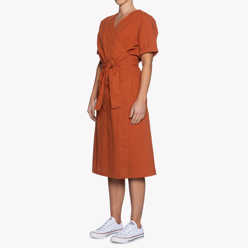 Wrap Dress - Seersucker 40s - Burnt Orange | Naked & Famous Denim