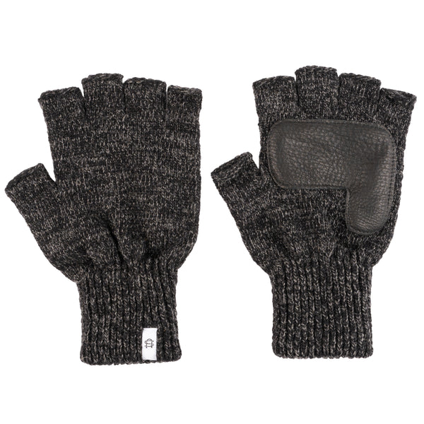 Ragg Wool Fingerless Glove - Black Melange With Black Deerskin