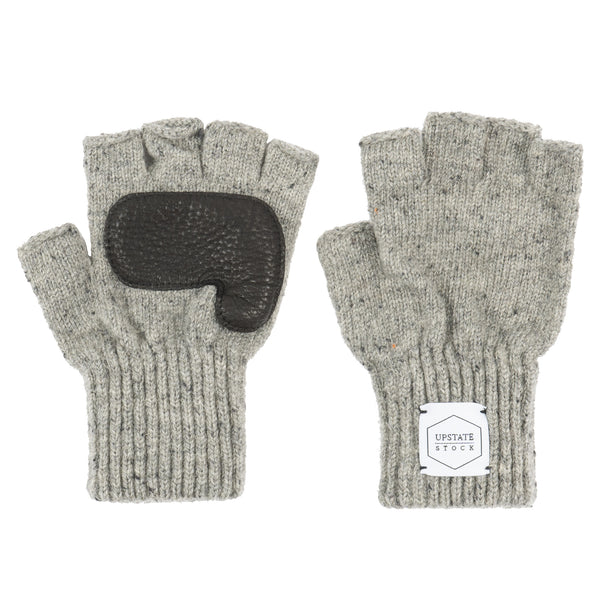 Gants sans doigts en laine Ragg - Tweed gris avec peau de cerf noir