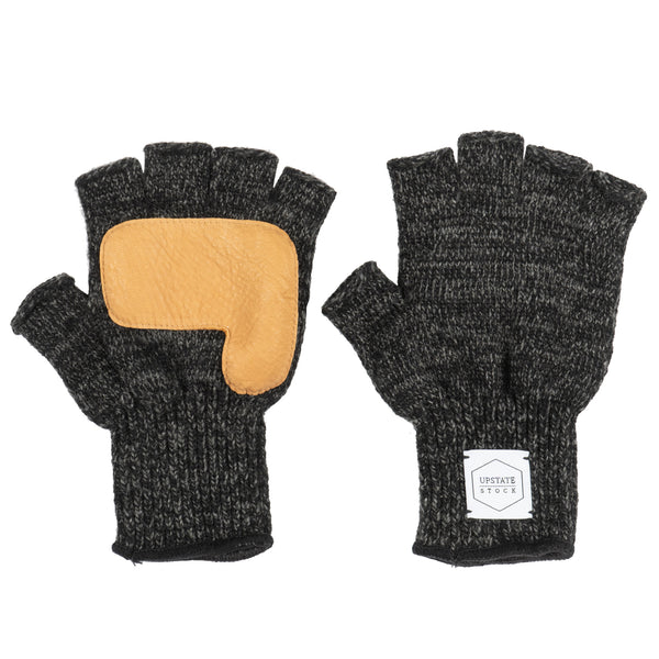 Gants sans doigts en laine Ragg - Mélange noir avec peau de cerf naturelle