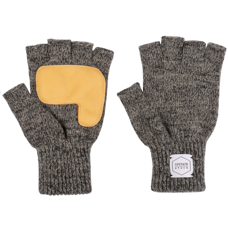 Gants sans doigts en laine Ragg - Mélange de charbon de bois avec peau de cerf naturelle