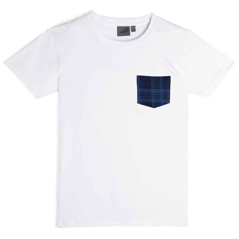Pocket Tee - White + Soft Nep Plaid - Blue | Naked & Famous Denim